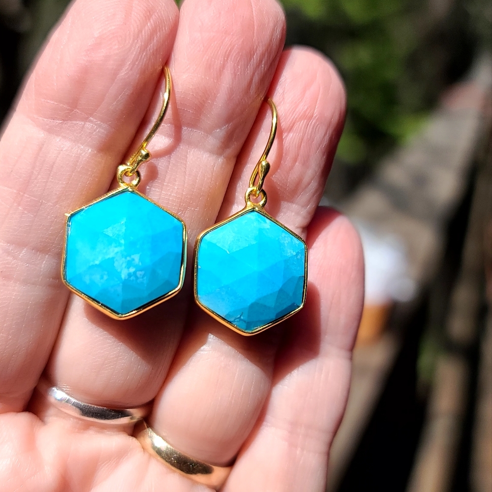 Turquoise faceted sterling & gold dramatic earrings - Picture 5 of 6